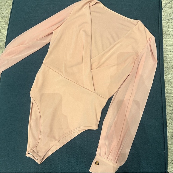 Light pink Privé Surplice Neck Contrast Mesh Wrap Bodysuit - Picture 4 of 7